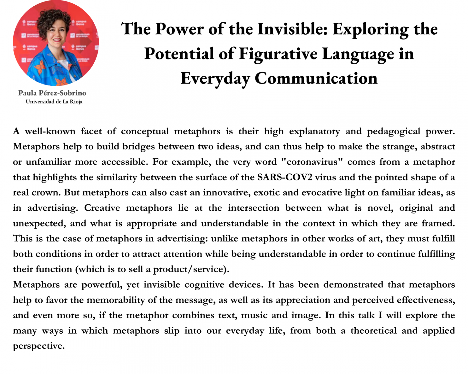 Prof. Pérez-Sobrino - Photo, plenary title and abstract